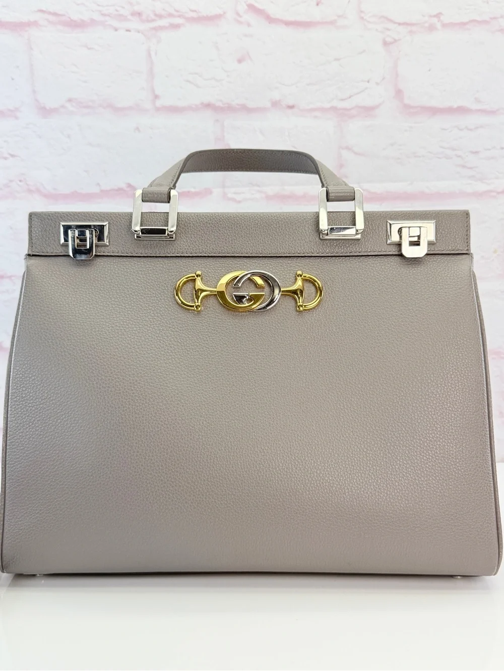 Gucci Zumi Grey Leather Top-Handle Satchel Gold Hardware